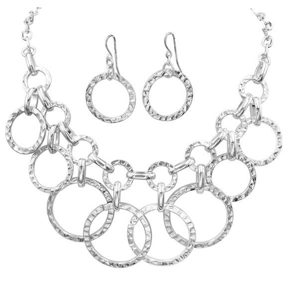 Hammered Ring Drop Silver Necklace Earrings Set - Picture 1 of 3